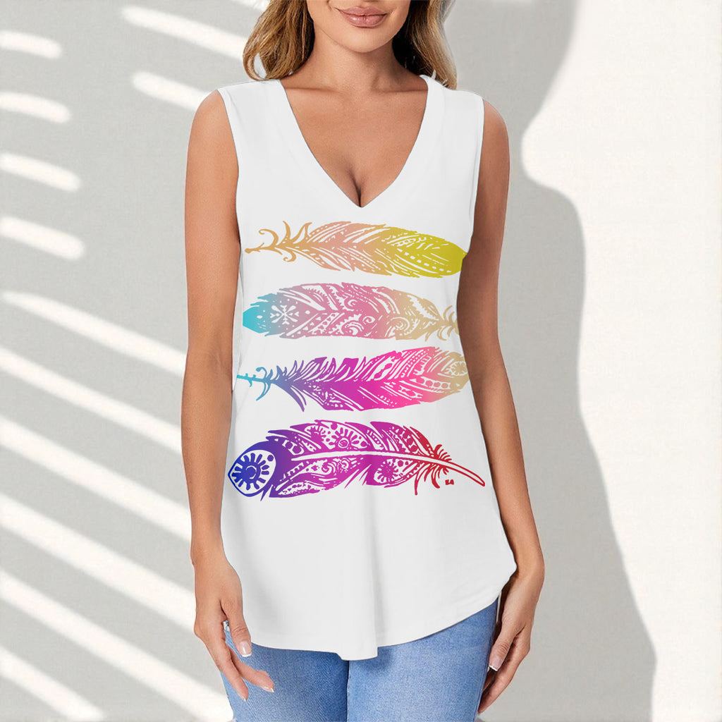 Feather Printed White Native American Women Sports Vest