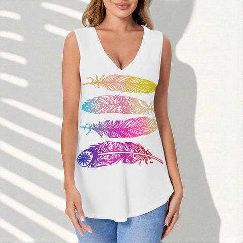 Feather Printed White Native American Women Sports Vest