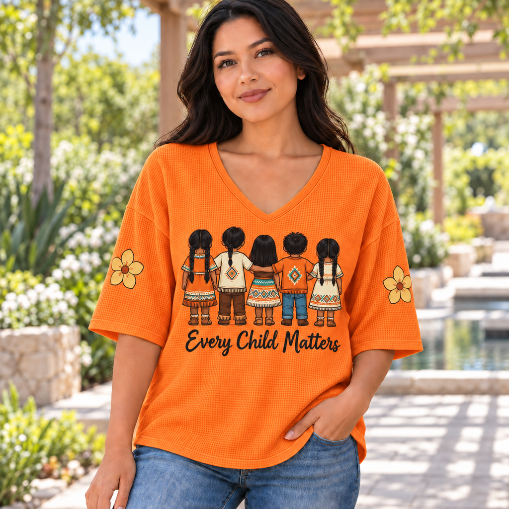 Five Children Unity Native American-Inspired Women's V-Neck 3-Quarter Sleeve Top WVS007