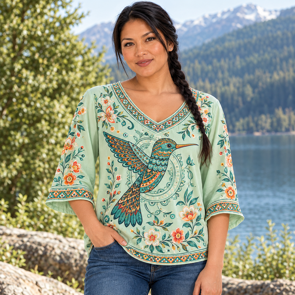 Floral Hummingbird Native American-Inspired Women's V-Neck 3-Quarter Sleeve Top WVS026