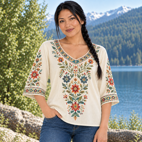 Floral Native American-Inspired Women's V-Neck 3-Quarter Sleeve Top WVS027