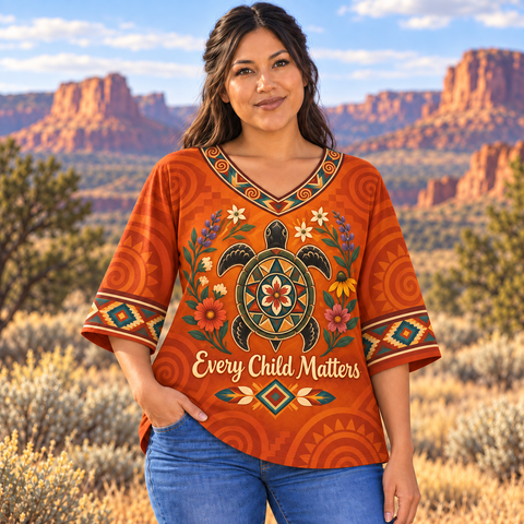 Floral Turtle Orange Native American-Inspired Women's V-Neck 3-Quarter Sleeve Top WVS037