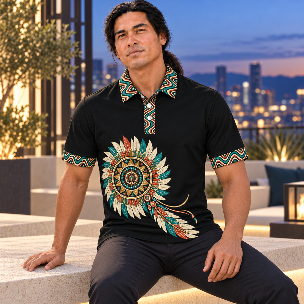 Flowing Feather Circle Native American-Inspired Polo T-Shirt 3D PLm030