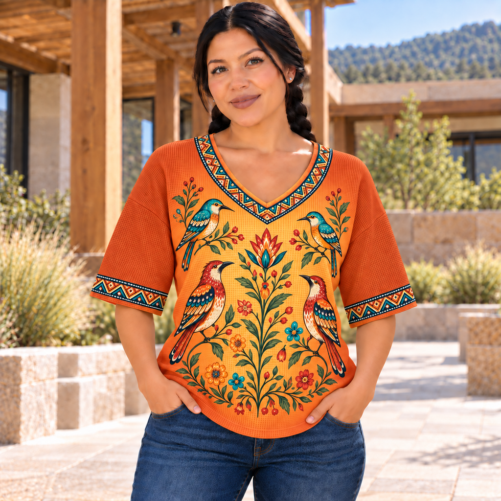 Four Birds Garden Native American-Inspired Women's V-Neck 3-Quarter Sleeve Top WVS014