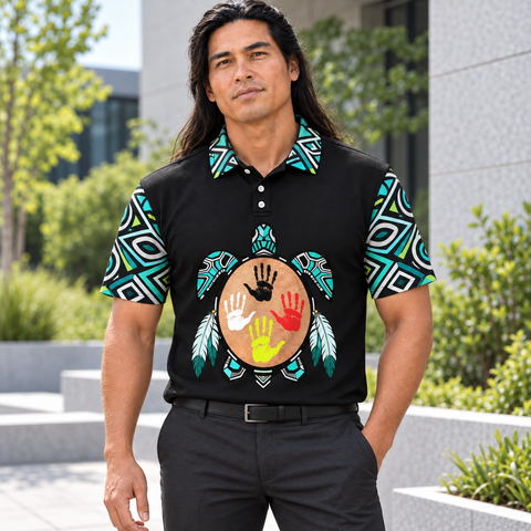 Four Handprint Turtle Art Native American-Inspired Polo T-Shirt 3D PLm008