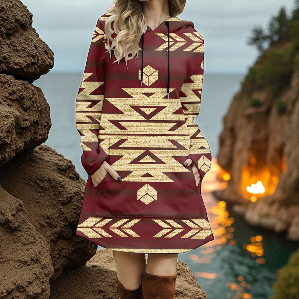 GB-HS00025 Native American Women Longline Hoodie Dress