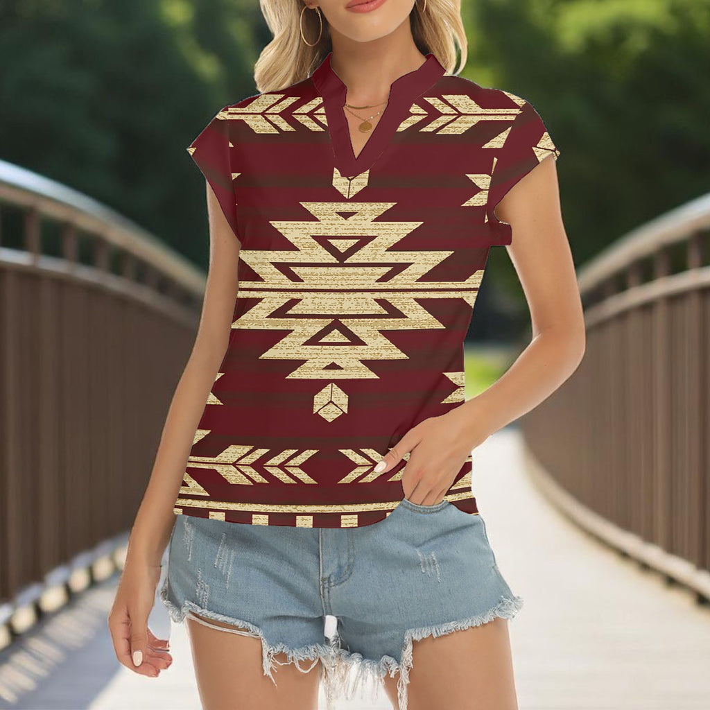 GB-HS00025 Native American Women Stacked V-neck Short Sleeve Blouse