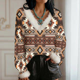 GB-HW000271 Native American Faux Knit V-Neck Sweater Top with Fur Trim