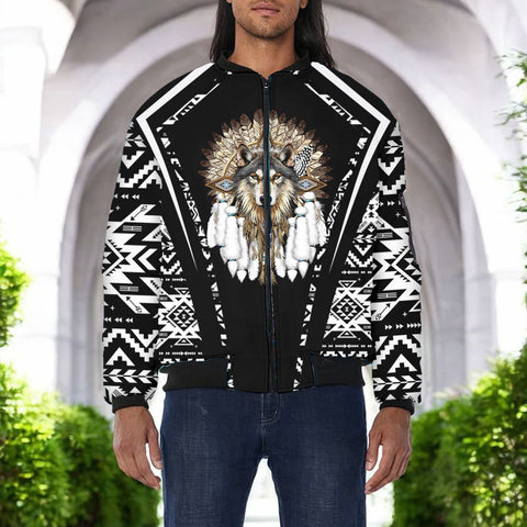 GB-HW000298v3 Wolf Native American Bomber Jacket With Sleeve Pocket