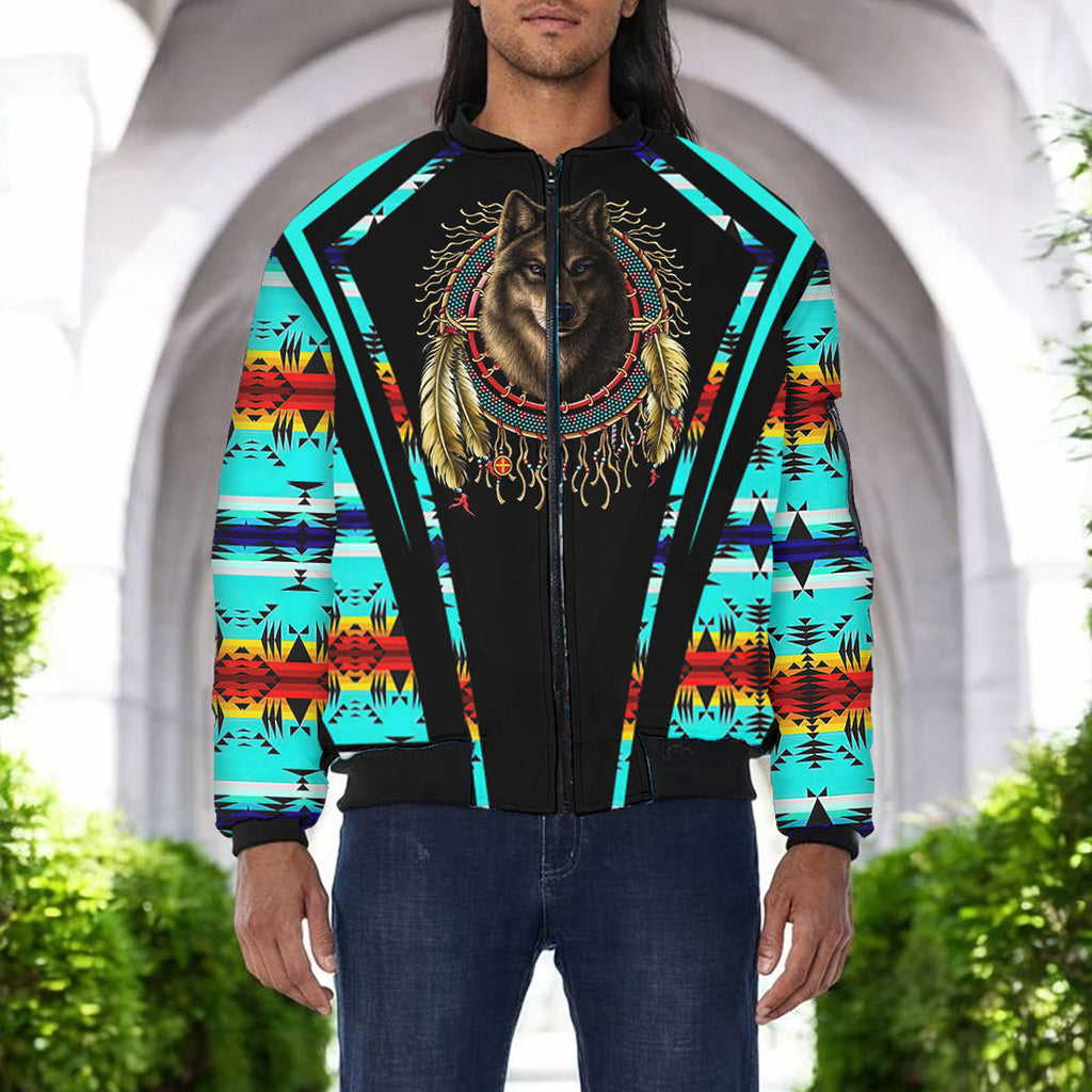 GB-HW000309v2 Wolf Native American Bomber Jacket With Sleeve Pocket