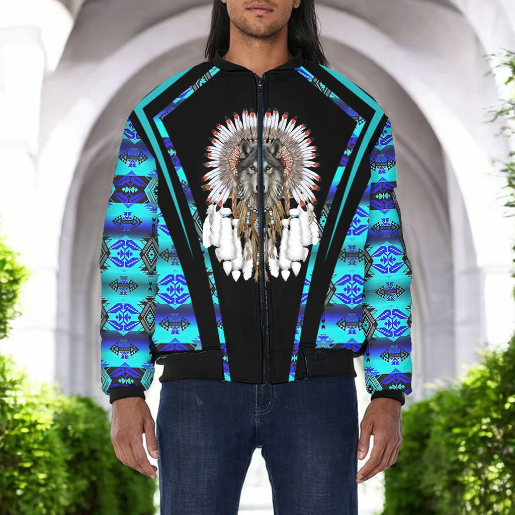 GB-HW000311v3 Wolf Native American Bomber Jacket With Sleeve Pocket