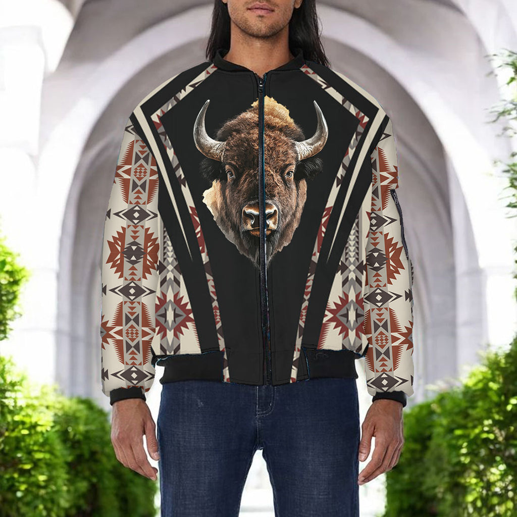 GB-HW000328v2 Bison Native American Bomber Jacket With Sleeve Pocket