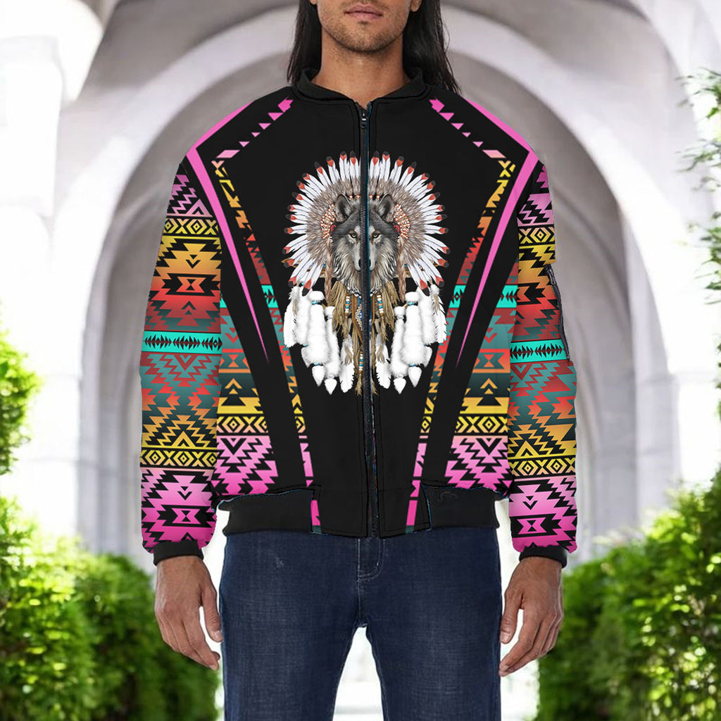 GB-HW000343v2 Wolf Native American Bomber Jacket With Sleeve Pocket