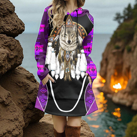 GB-HW000535 Wolf Native American Women Longline Hoodie Dress