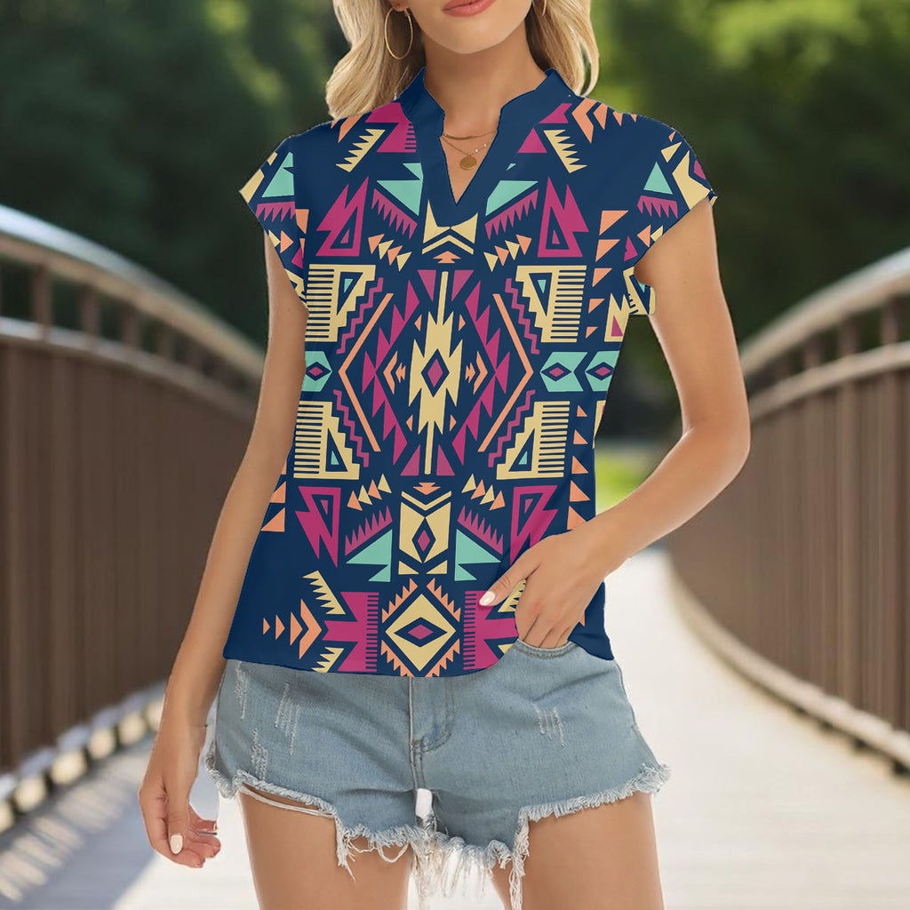 GB-HW00056 Native American Women Stacked V-neck Short Sleeve Blouse