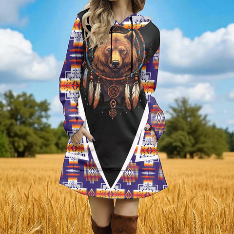GB-HW000623 Bear Native American Women Longline Hoodie Dress