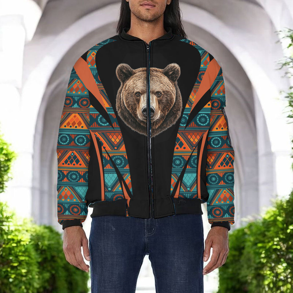 GB-HW000650v3 Bear Native American Bomber Jacket With Sleeve Pocket