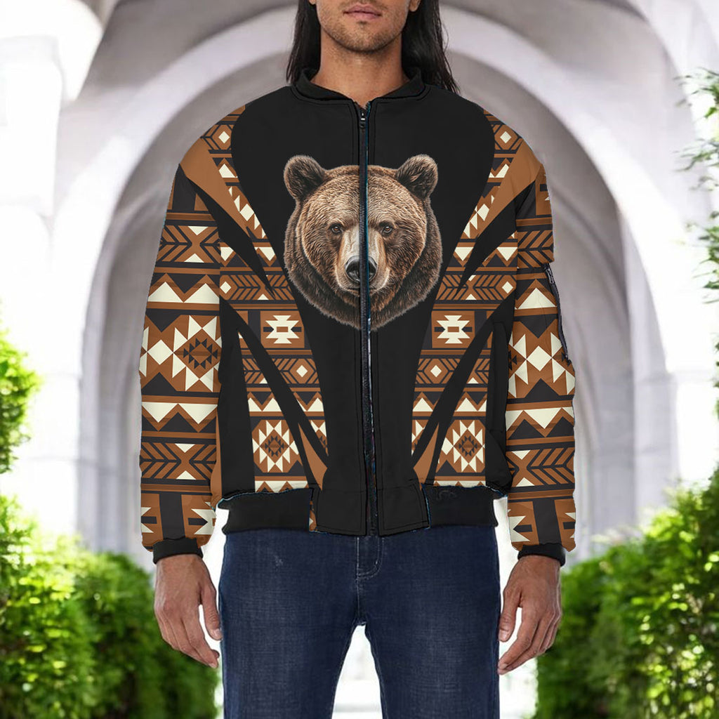 GB-HW000665v2 Bear Native American Bomber Jacket With Sleeve Pocket