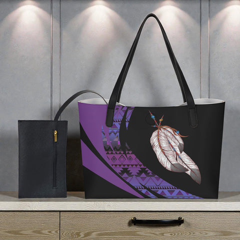 GB-HW000732 Feather Native American Shopping Tote Bag With Black Mini Purse