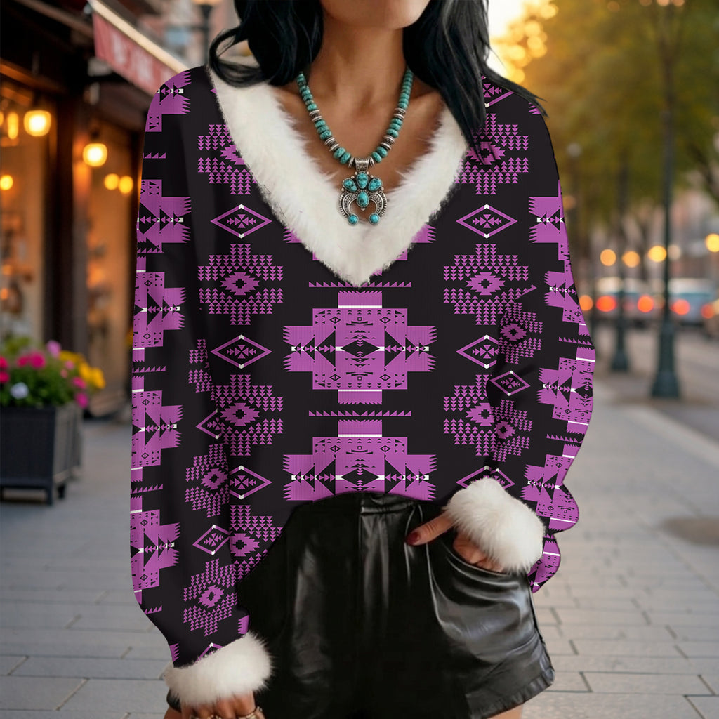 GB-HW00077 Native American Faux Knit V-Neck Sweater Top with Fur Trim