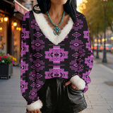 GB-HW00077 Native American Faux Knit V-Neck Sweater Top with Fur Trim