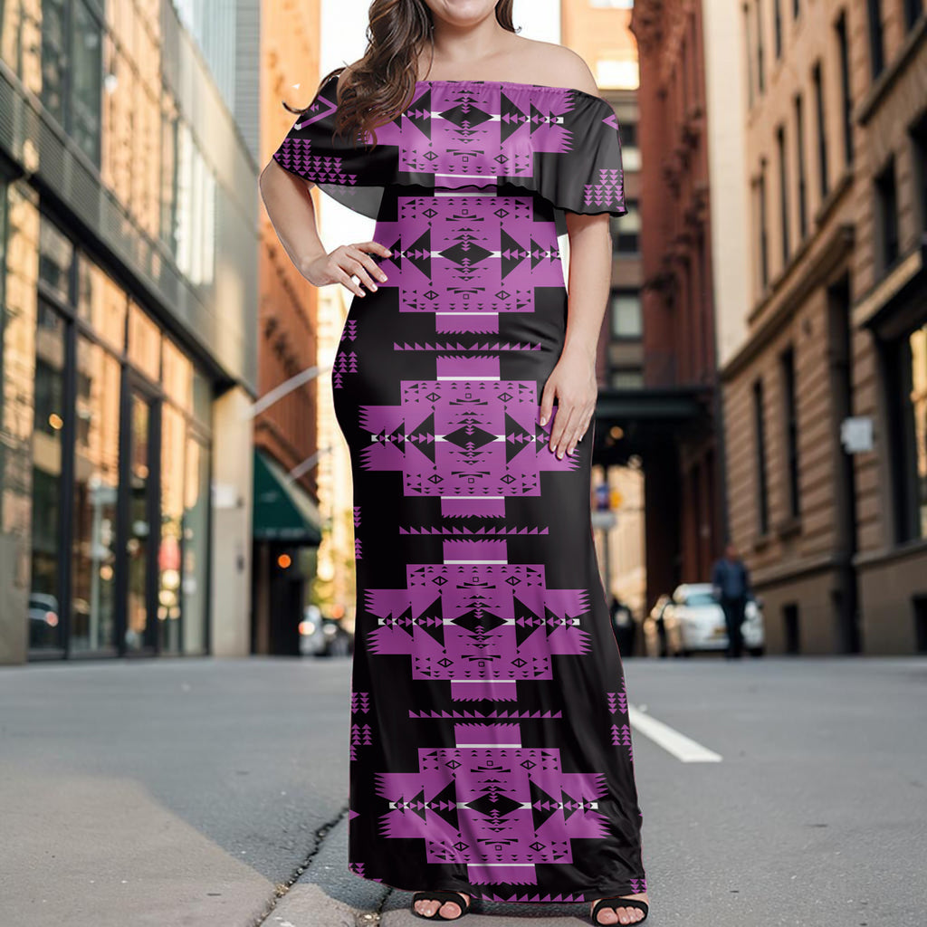 GB-HW00077 Native American Off Shoulder Ruffle Maxi Dress