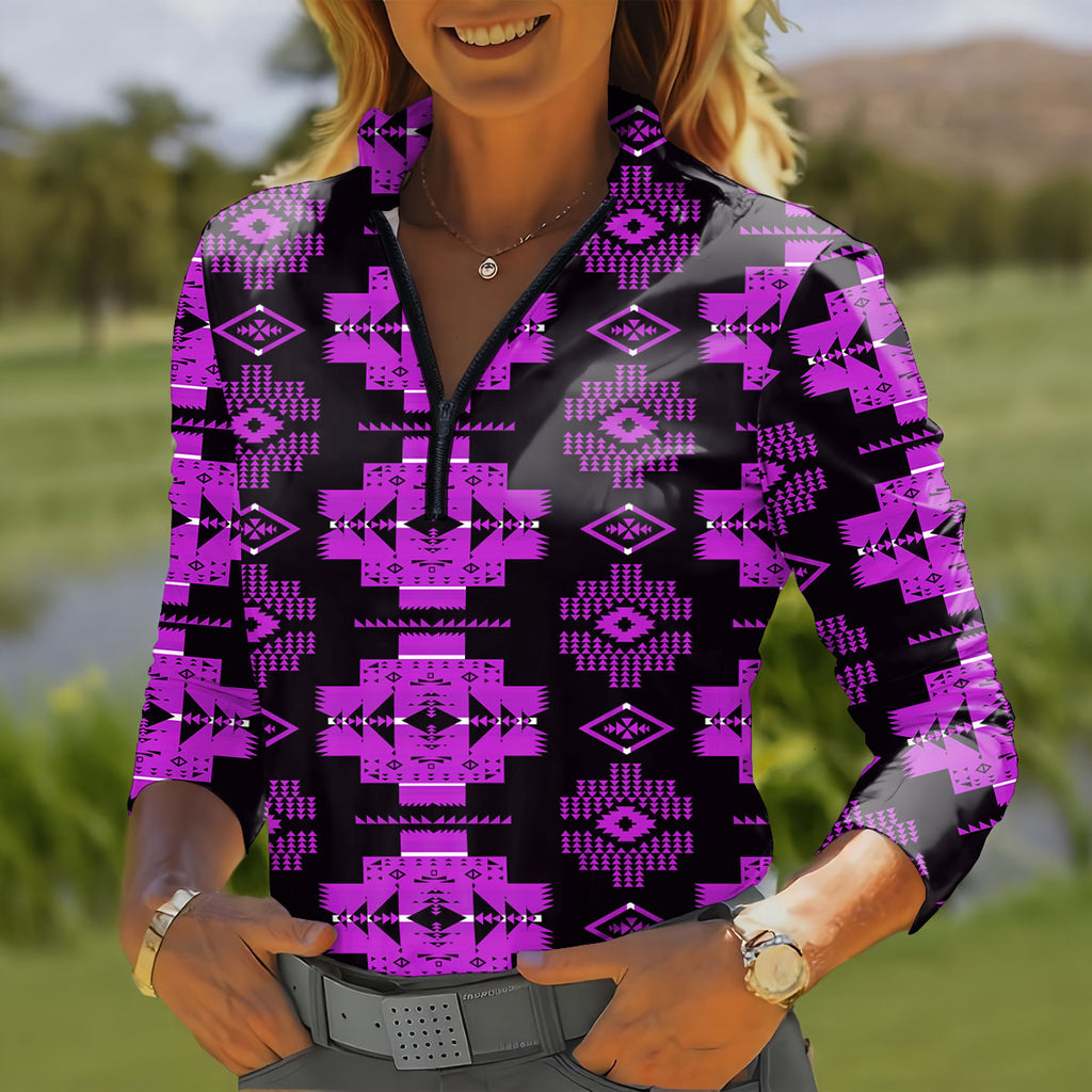 GB-HW00077 Native American Women Quarter-Zip Long Sleeve Top