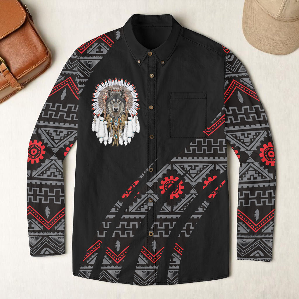 GB-HW000829v2 Native American Men Casual Lapel Long Sleeve Shirt