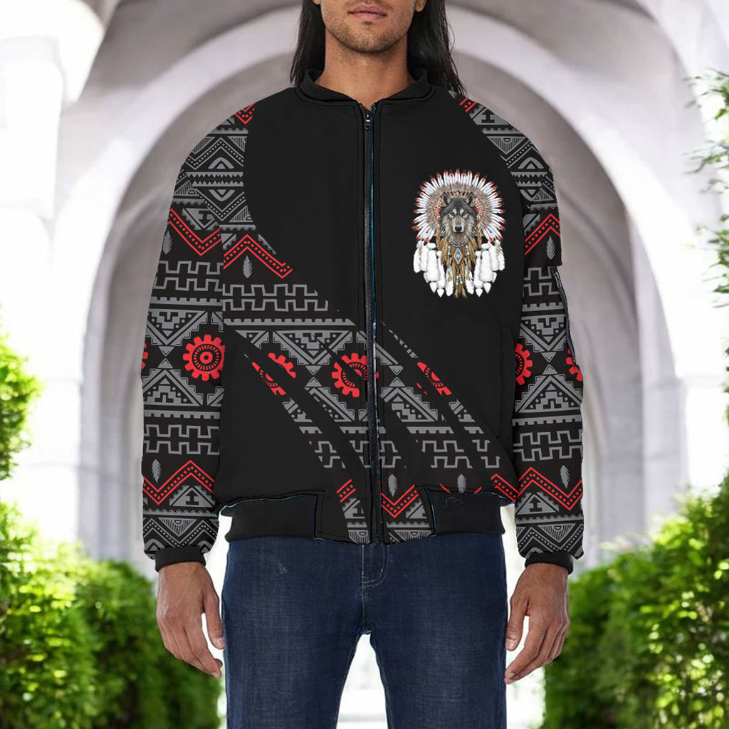 GB-HW000829 Wolf Native American Bomber Jacket With Sleeve Pocket