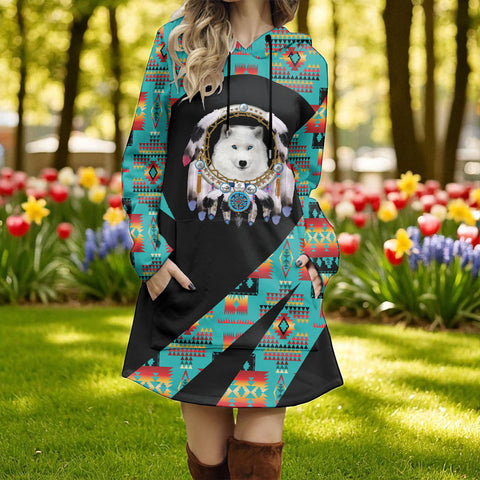 GB-HW000842 Wolf Native American Women Longline Hoodie Dress