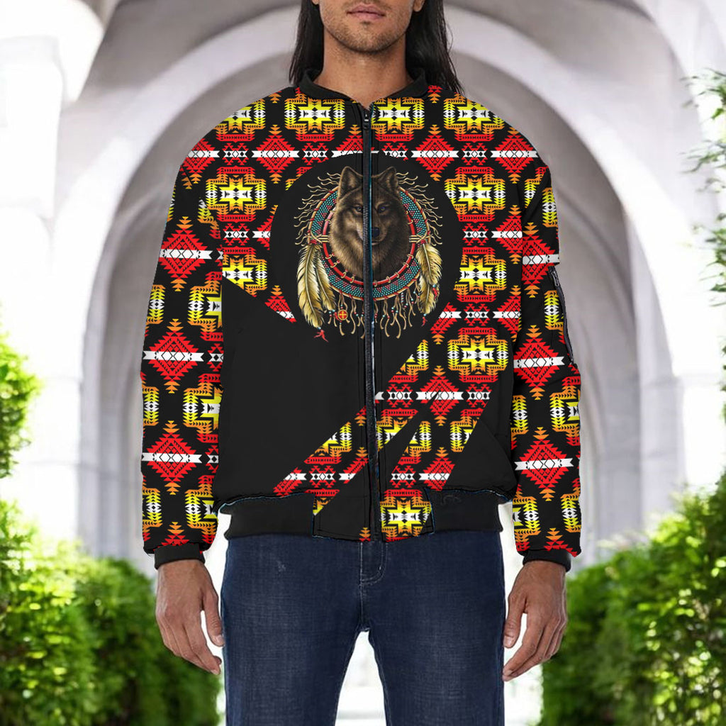 GB-HW000849v3 Wolf Dreamcatcher Native American Bomber Jacket With Sleeve Pocket