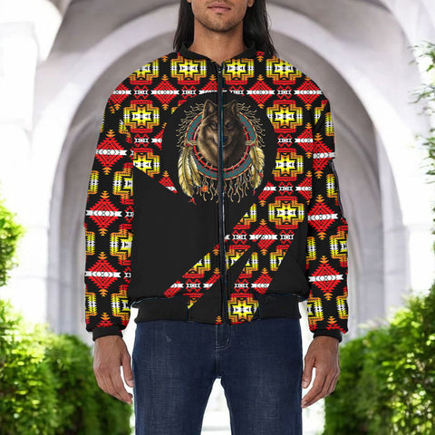 GB-HW000849v3 Wolf Dreamcatcher Native American Bomber Jacket With Sleeve Pocket