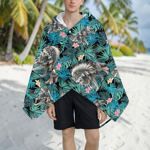 GB-HW001018v2 Wolf Chief Tropical Native American Hooded Towel Poncho