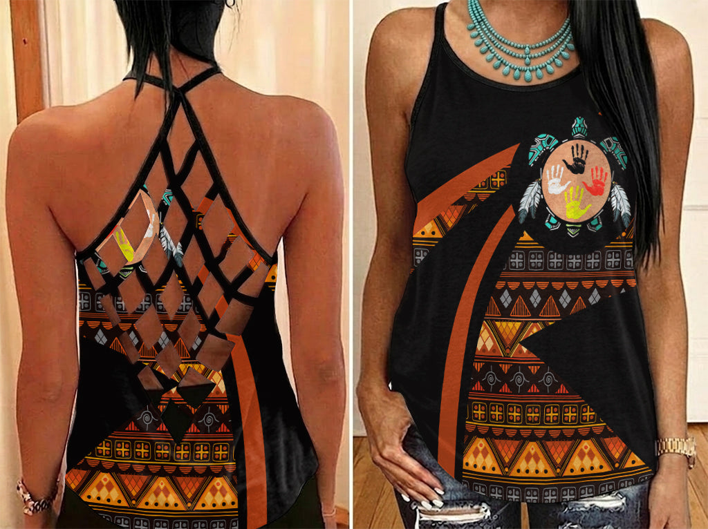 GB-HW0011190 Turtle Native American Criss-Cross Open Back Tank Top