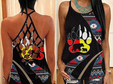 GB-HW0011218 Mama Bear Native American Criss-Cross Open Back Tank Top