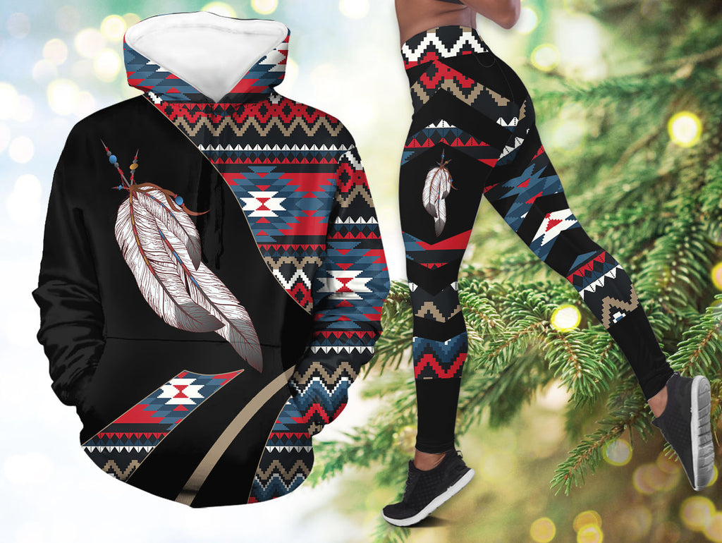 GB-HW0011220 Feather Native American Hoodie Leggings Set