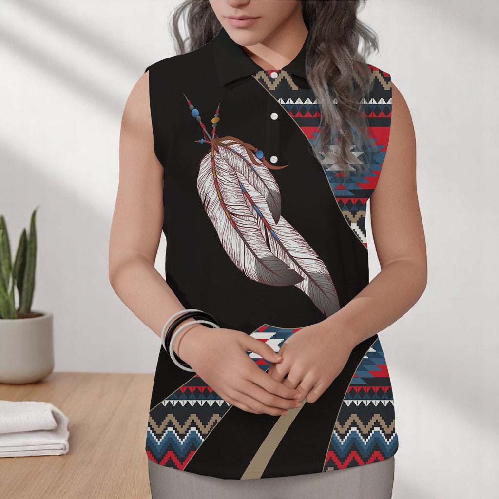 GB-HW0011220 Feather Native American Women Sleeveless Polo Shirt