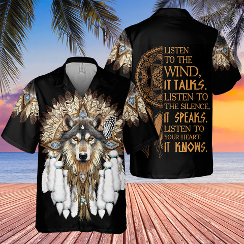 GB-HW0011251 Wolf With Feather Headdress Native American Hawaiian Shirt 3D