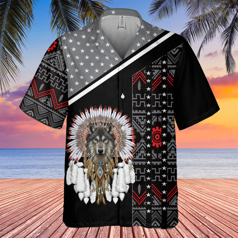 GB-HW0011252 Wolf With Feather Headdress Native American Hawaiian Shirt 3D