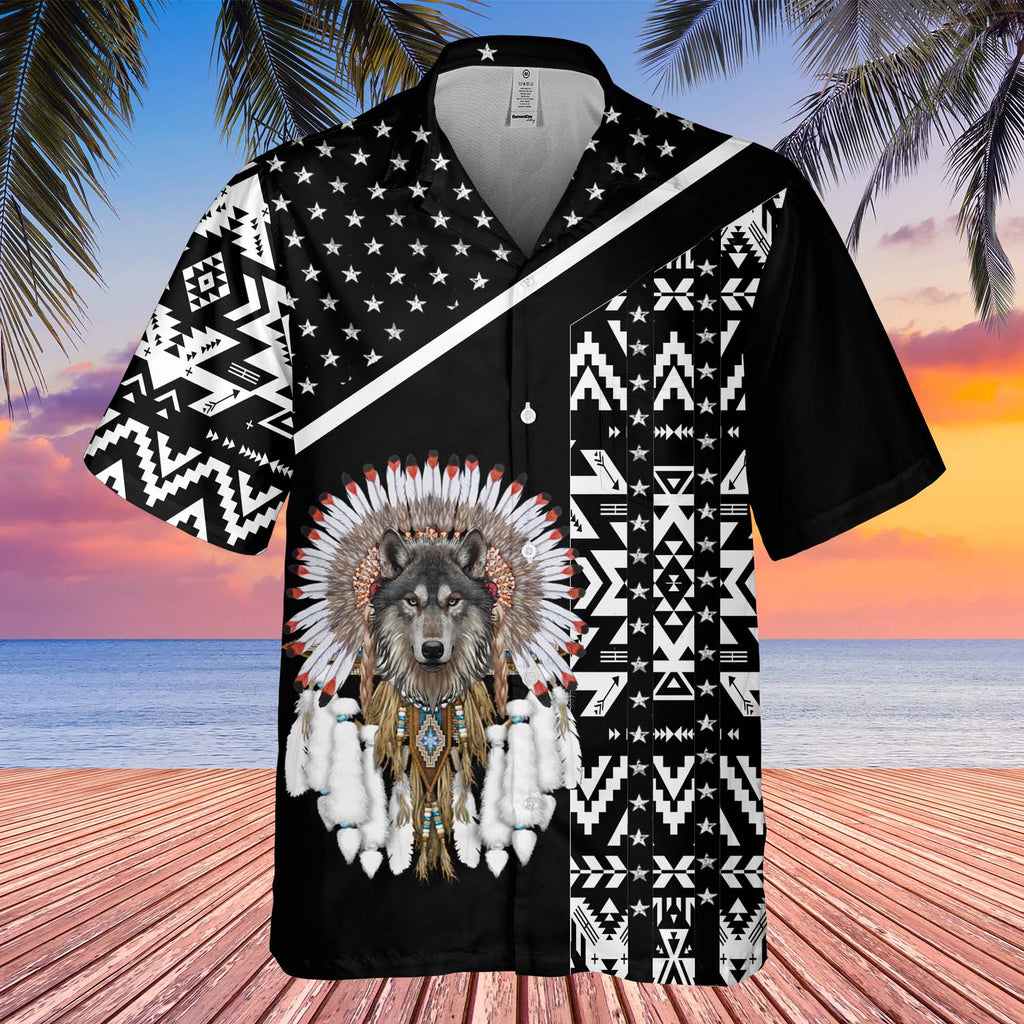 GB-HW0011253 Wolf With Feather Headdress Native American Hawaiian Shirt 3D