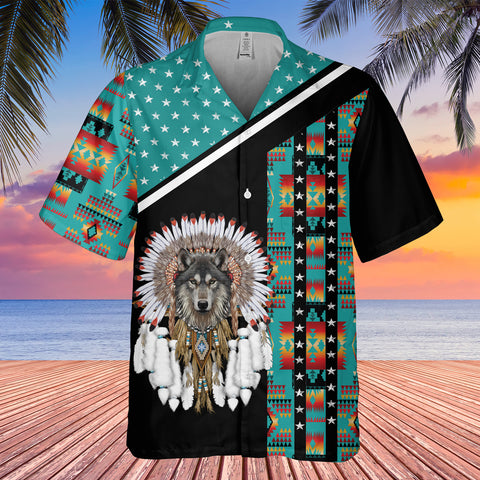 GB-HW0011254 Wolf With Feather Headdress Native American Hawaiian Shirt 3D