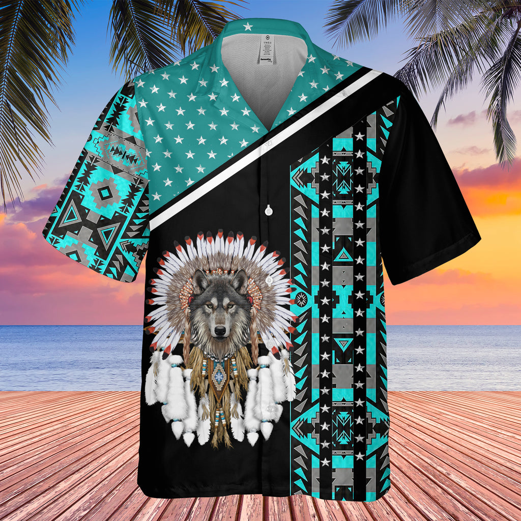 GB-HW0011255 Wolf With Feather Headdress Native American Hawaiian Shirt 3D