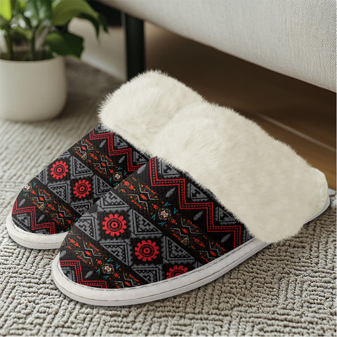 GB-HW0011306 Tribe Pattern Native American Slippers With Fur Edges