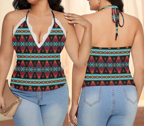 GB-HW0011313 Native American Women Lace-Trimmed Tie-Back Top