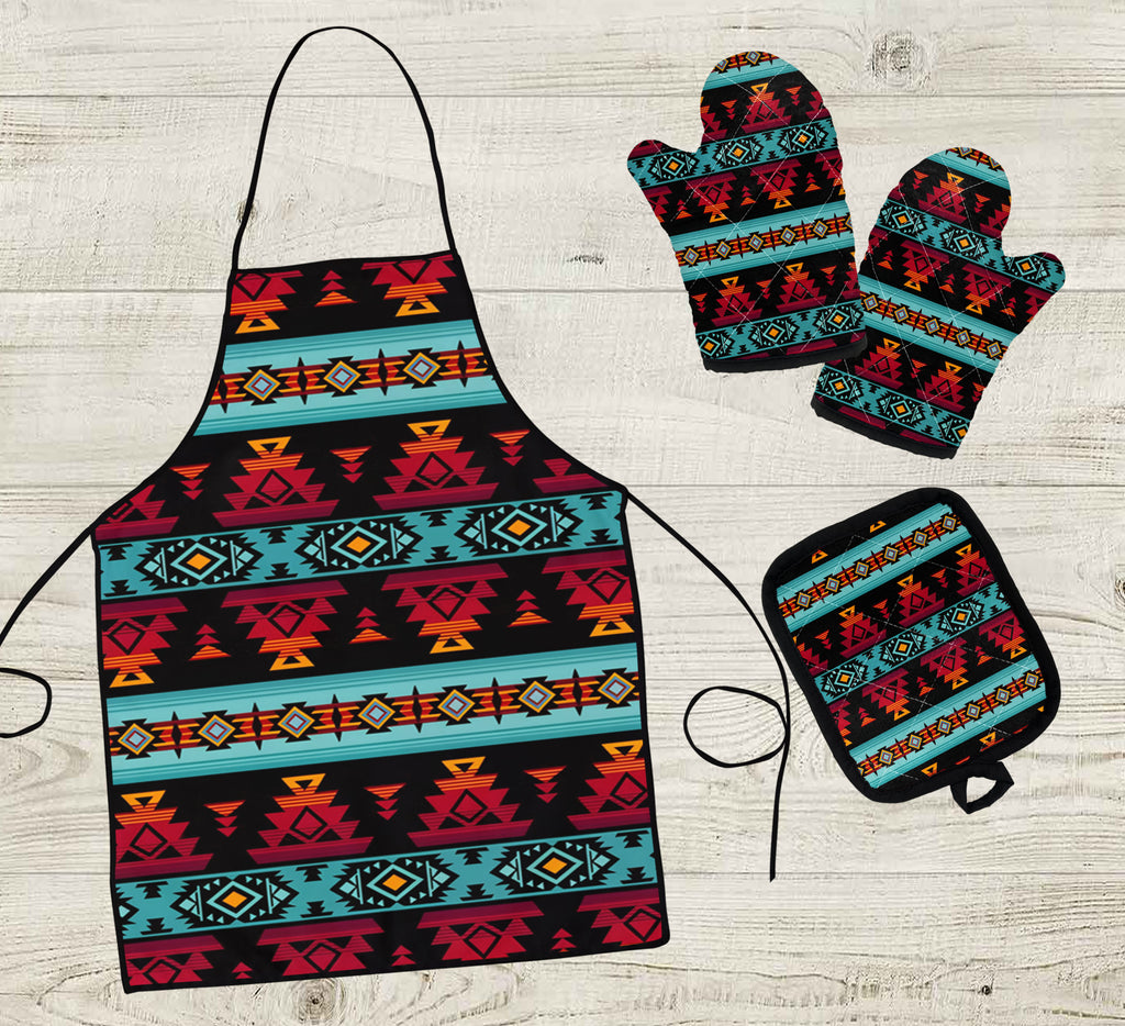 GB-HW0011313 Pattern Native American Apron & Oven Mitts And Potholder Set