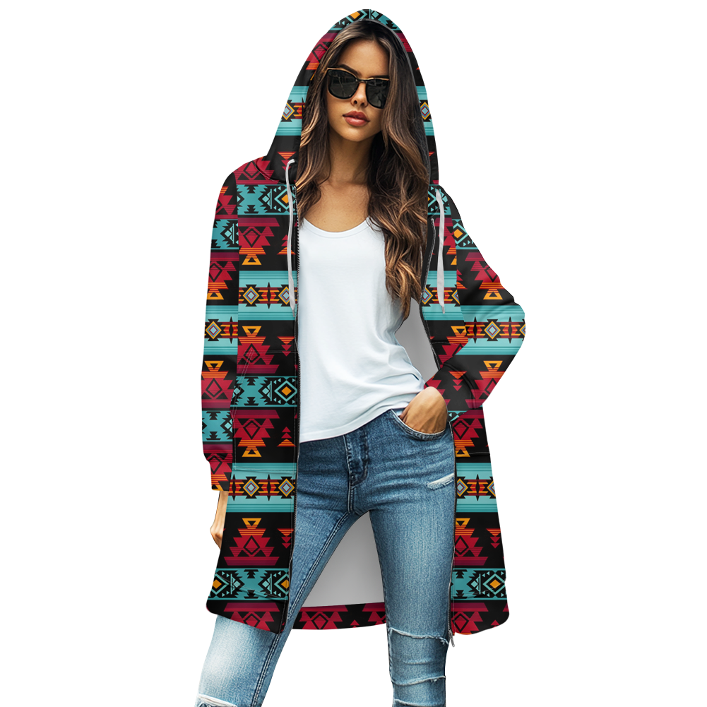 GB-HW0011313   Tribe Design Native Women's Mid-Length Hooded Sweatshirt Cardigan