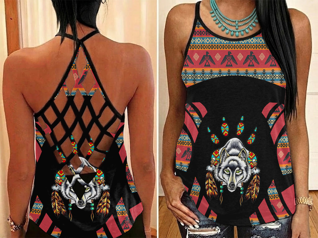 GB-HW0011365 Wolf Native American Criss-Cross Open Back Tank Top
