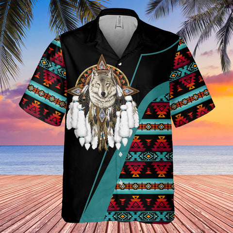 GB-HW0011411 Wolf Dreamcather Symbol Native American Hawaiian Shirt 3D