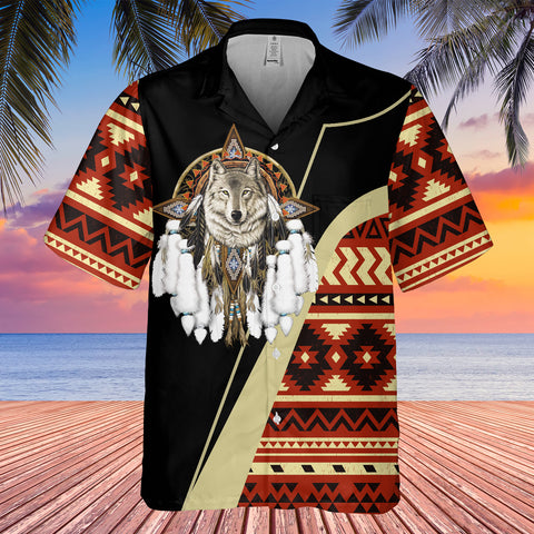 GB-HW0011412 Wolf Dreamcather Symbol Native American Hawaiian Shirt 3D