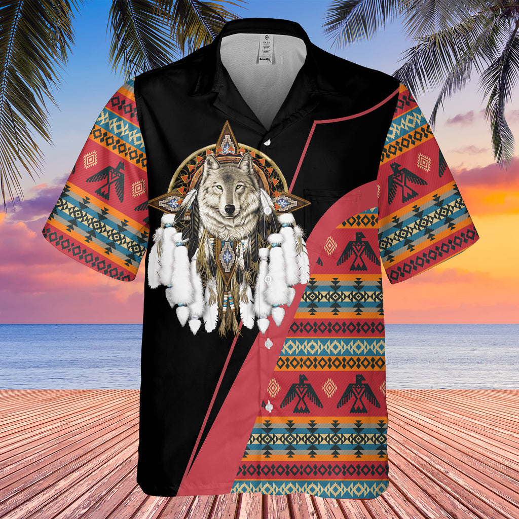 GB-HW0011413 Wolf Dreamcather Symbol Native American Hawaiian Shirt 3D